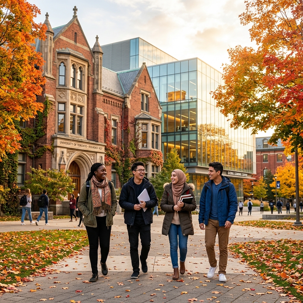 Happy international students walking on a Canadian university campus in autumn